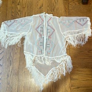 Charlotte Russe fringe white chiffon embroidered opened top